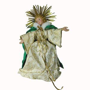 Vintage Porce Angel Figurine With Gold Halo & Wings In Brocade Robe & Velvet Cap